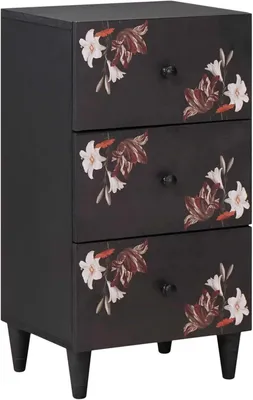 Produktbild von Sideboard als Medienspeicherschrank aus massivem Mangoholz, Kommode mit floralem Muster und Messingknöpfen, mehrfarbiger Phonoschrank für das Wohnzimmer, 40 x 33,5 x 75 cm