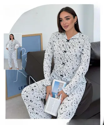 Produktbild von Damen Pyjama Schlafanzug Weiß XL Lang Baumwolle mit Knöpfen 2 Teiler L-27