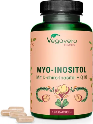 Produktbild von Vegavero Myo-Inositol Complex | 120 Kapseln | mit Q10, Resveratrol, Vitamin B6, Zink und Folsäure | für Frauen | vegan