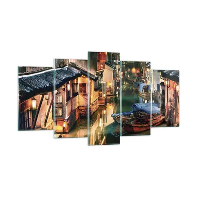 Produktbild von Bilder auf glas - 5 Teile - Chinesisch Stadt Nacht - 160x85cm - Glasbilder - Wandbilder - Bilder - zum Aufhängen bereit - Wanddekoration aus Glas - Glas Bilder - Wandbild auf Glas - GEA160x85-4657