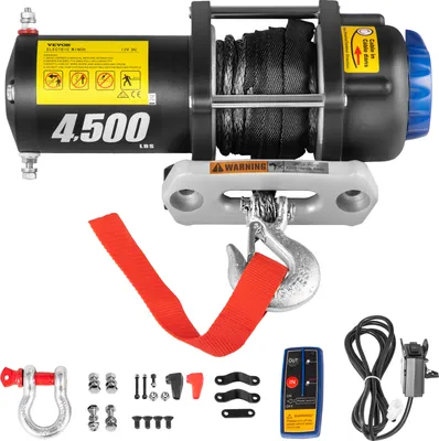 Produktbild von VEVOR Elektrische Seilwinde 12 V Winde 2041 kg Tragfähigkeit 2 KW Motor mit 13 m Synthetikseil & 2 Fernbedienung für Autos Boote Lastwagen Jeeps umgebaute Fahrzeuge Mehrzweck-Anhänger