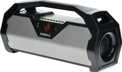 A black and gray portable Bluetooth speaker is shown against a white background.