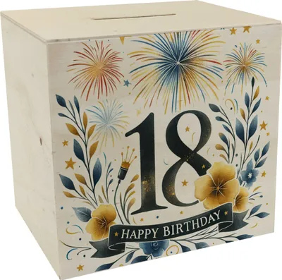 Produktbild von 18. Geburtstag Spardose aus Holz mit Spruch Happy Birthday 18