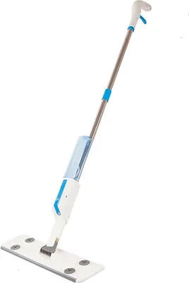 A spray mop with a white base and a silver handle with blue accents.