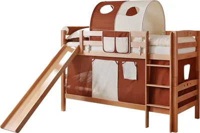 Produktbild von Etagenbett mit Rutsche Doppelbett Buche massiv Natur, Vorhangstoff:Braun Beige