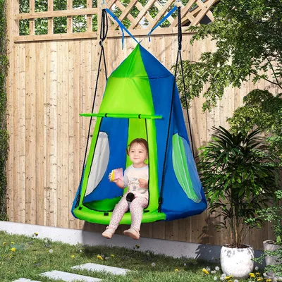 Produktbild von Sweiko Nestschaukel mit Zelt Ø100 cm Gartenschaukel mit Tür und Fenster Tellerschaukel Kinderschaukel Kinder Rundschaukel bis 200 kg belastbar Metall Grün+Blau