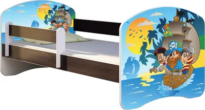 A child's bed with a pirate ship theme.