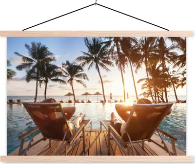 Produktbild von MuchoWow® Textilposter Strand - Meer - Palme 120x80 cm mit holzfarbenen Rahmen - Aufhängeset