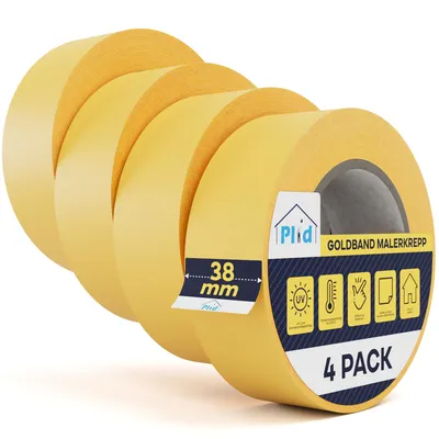 Produktbild von Plid® Goldband Malerkrepp (38mm  x 50m, 4 Rollen) - Malerklebeband Nassfest - Innen & Außen - Abklebeband Maler, verhindert Unterlaufen von Farben