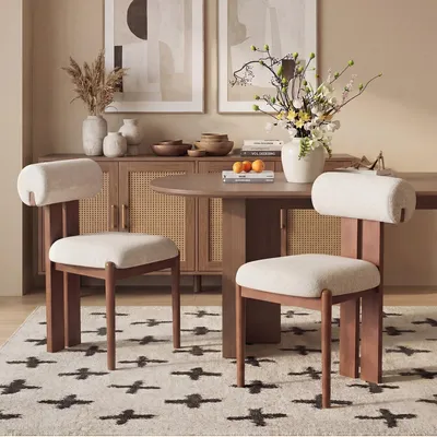 Image de Lot de 2 chaises de salle à manger, dossier cylindrique design, cadre en bois, style moderne, pour cuisine et salle à manger, beige