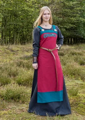 Produktbild von Wikinger Trägerkleid / Schürzenkleid Hilja mit Stickerei, rot aus Baumwolle - Mittelalterkleid - LARP Kleid Größe: M