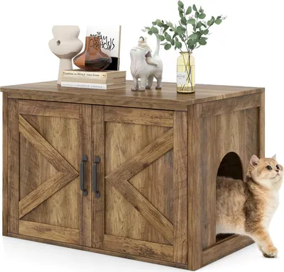 Produktbild von GOPLUS 2 in 1 Katzenschrank, Katzenklo Schrank mit Tür & separater Trennwand, Katzenhöhle, verstecktes Katzenbad, Katzenmöbel für Katzen