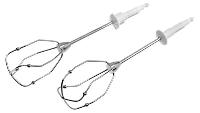 Two chrome mixer beaters with white plastic tops are shown against a white background.