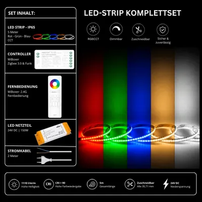 Produktbild von LED Streifen Set RGBCCT IP65 – COB LED Streifen 24V, 21 W/m, 5m, punktfrei – SS150 Netzteil, SZ5 Zigbee 3.0 Controller  und  C5 Fernbedienung Weiß