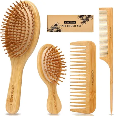 Produktbild von 4er Set Bambus Haarbürsten und Kamm - Umweltfreundlich, Geschenkset für Haare - Frauen, Männer, Kinder - für dünn, lockig, trocken
