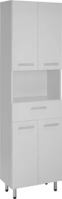 A white tall cabinet with multiple doors and a drawer, standing on silver legs.
