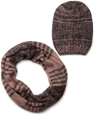 Image de Ensemble écharpe et bonnet styleBREAKER, comprenant une écharpe à motif rayé en maille lisse et un bonnet tricoté. Référence : 01018204