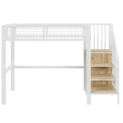 Produktbild von Merax Hochbett mit Schreibtisch, Bücherregalen und Tastaturablage, Etagenbett 90x200cm mit Rausfallschutz, Metallbett mit Lattenrost, Einzelbett Jugendbett mit Leiter, Weiß