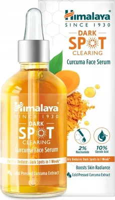 A bottle of Himalaya Kurkuma Face Serum with marketing text and graphics.