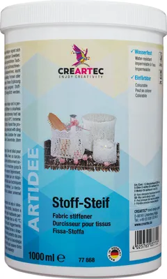 Produktbild von Textilhärter Stoff-Steif, 1000 ml, transparent, lufttrocknend, geruchsneutral, dauerhaft wasserfest für extrem feste Textilien