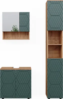 Produktbild von Badmöbel-Set Vicco Irma Grün/Goldkraft Eiche 3 Teile, mit Hochschrank, Model 47189