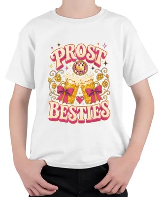 Imagen del producto de Camiseta para niños, diseño "Oktoberfest", con motivos de cerveza, amigas, fiesta, discoteca, lederhosen (pantalones bávaros), dirndl (vestido tradicional alemán), ideal para niños, color blanco, talla 116