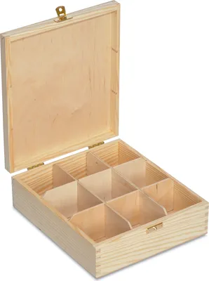 Obrázok produktu pre Creative Deco Drevená Jrabička na čaj Prírodná Borovica | 23,5 x 20,5 x 7,5 cm | Krabička na čaj so 9 Priehradkami a Vekom | | Ideálna na Dekupáž, Dekorácie a Skladovanie čajových Vrecúšok