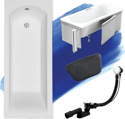 Produktbild von Badewanne Rechteck Set 5in1 170x70 mit Premium Ablaufgarnitur und Füßen GRATIS + Verkleidung (Styropor) + Kopfstütze in Schwarz | BADLAND SHEA