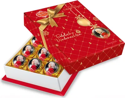 Produktbild von Reber Mozart Kugeln Barock 12er Packung Fröhliche Weihnachten 240g