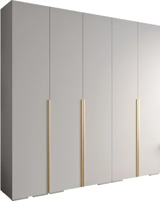 A modern, minimalist wardrobe with six doors and gold handles.