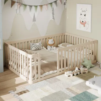 Produktbild von Flieks Kinderbett 90x200cm mit Rausfallschutz, Bodenbett Spielbett ohne Lattenrost, Kinder Einzelbett Holzbett mit Zaun, Cream