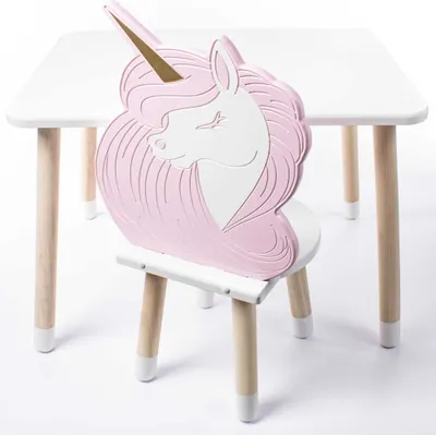 Produktbild von DEKORMANDA – Kindertisch mit Stuhl – Möbel für ein Kinderzimmer – Stuhl in Einhornform für kleine Märchenliebhaber – weißer Kindertisch 65 x 50 cm mit 1 Stuhl – Tisch- und Stuhl-Set für Kinder, perfekt zum Lernen und Spielen
