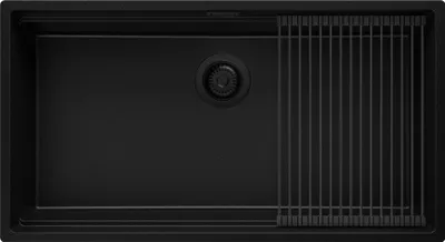 Produktbild von PRIMAGRAN Spülbecken Alles Schwarz 86x47cm, Granitspüle 1 Becken + Ablauf-Set + Aufrollbare Abtropffläche, Küchenspüle ab 90er Unterschrank - Praga Slim