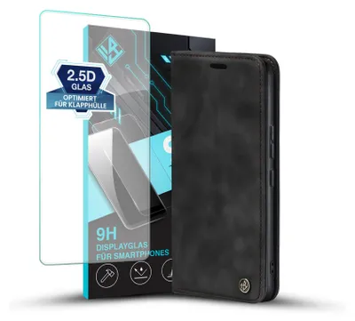 Produktbild von Handy Hülle für Xiaomi Redmi 14C mit 9H Displayglas Klapphülle Bookcase Flip Cover Handy Tasche Etui Farbe: Schwarz