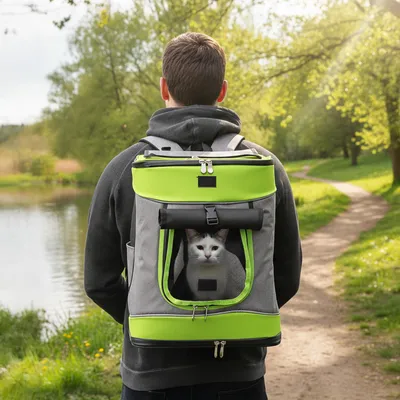 Produktbild von belviona Rucksack für Hunde & Katzen, stabil & sicher, mit Belüftung, Trinkflaschenfach & Regenschutz, grau/grün