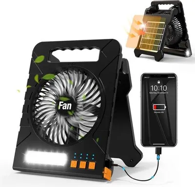 Zdjęcie produktu dla Słoneczny wentylator kempingowy, przenośny, 4000 mAh, lampka LED, latarka, 4 prędkości, 4 tryby czasowe, do stołu warsztatowego, na piknik, na plażę, na wędkowanie