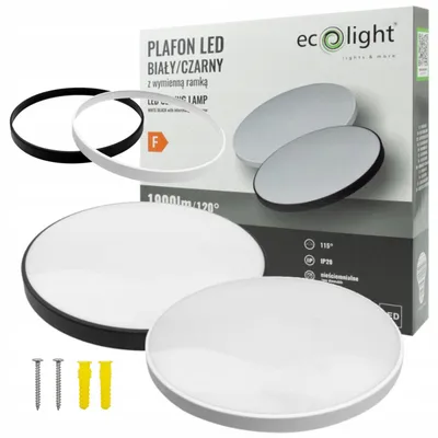 Image de Plafonnier LED rond blanc et noir 24 W, lumière blanche neutre 1900 lm, plastique, dimensions : 5,5 x 33 x 33 cm, IP20, Ecolight
