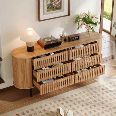 Obrázek produktu pro Komoda, přírodní dřevo, 6 zásuvek, design s lamely, MDF, kovové nohy