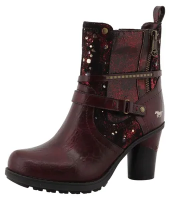Auf dem Bild ist ein Schuh in der Farbe Bordeaux zu sehen. Der Schuh wird von der Rückseite gezeigt.