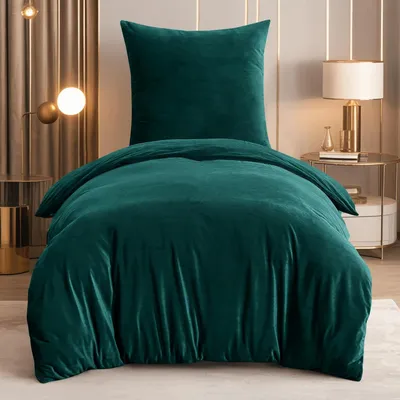 Zdjęcie produktu dla Komplet pościeli 155x220, 2-częściowy, zielony, flanelowy, miękki polar, z poszewką na poduszkę 80x80 cm