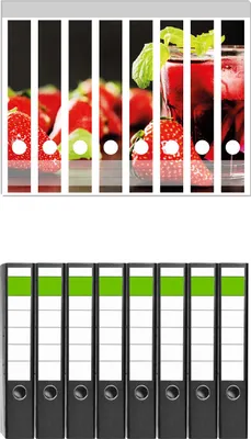Produktbild von Wallario 8 Stück schmale Ordner inkl. Klebeetiketten mit Motive Erdbeer-Mojito - Frische Erdbeeren -  Set mit Rückenschildern / Ordnerrücken Stickern