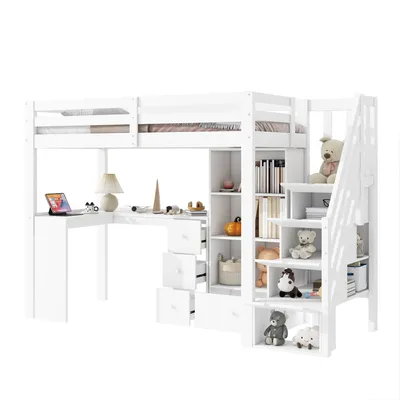 Produktbild von Hochbett mit Schreibtisch, Treppe und Regal, 90x200 cm, Kinderbett mit Rausfallschutz, Kiefer