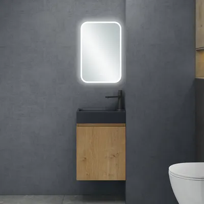 Produktbild von doporro Badezimmerschrank Badmöbel-Set in Kerneiche 46x26x63cm Waschbeckenunterschrank mit Mineralguss-Waschbecken in matt Anthrazit inkl. LED-Spiegel Pisa02