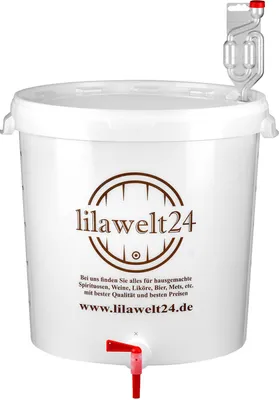 A white fermentation bucket with a tap and airlock, featuring branding and text.