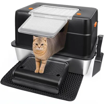 Produktbild von Katzentoilette Edelstahl XL mit Deckel, geruchsresistent, auslaufsicher, inkl. Schaufel & Matte, Schwarz