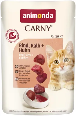 Produktbild von animonda Carny Kitten Rind, Kalb + Huhn (12 x 85 g), Kitten Nassfutter für wachsende Kätzchen, Katzenfutter ohne Getreide und Zucker, Katzennassfutter mit 100 % frischen Zutaten