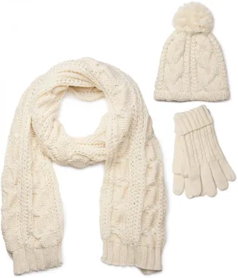 Produktbild von styleBREAKER Schal, Mütze und Handschuh Set, Zopfmuster Strickschal mit Bommelmütze und Handschuhe, Damen 01018208