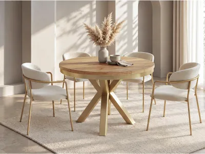 Produktbild von Runder Ausziehbarer Esstisch im Loft-Stil - Industrieller Tisch mit Goldenen Metallbeinen - Platzsparender Tisch für Wohnzimmer - Craft Eiche - 100 bis 180 cm