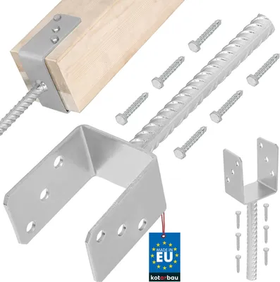 A collection of metal post anchors and screws, some attached to a wooden post, against a white background.