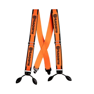 A pair of orange suspenders with black accents and the Husqvarna logo printed on them.